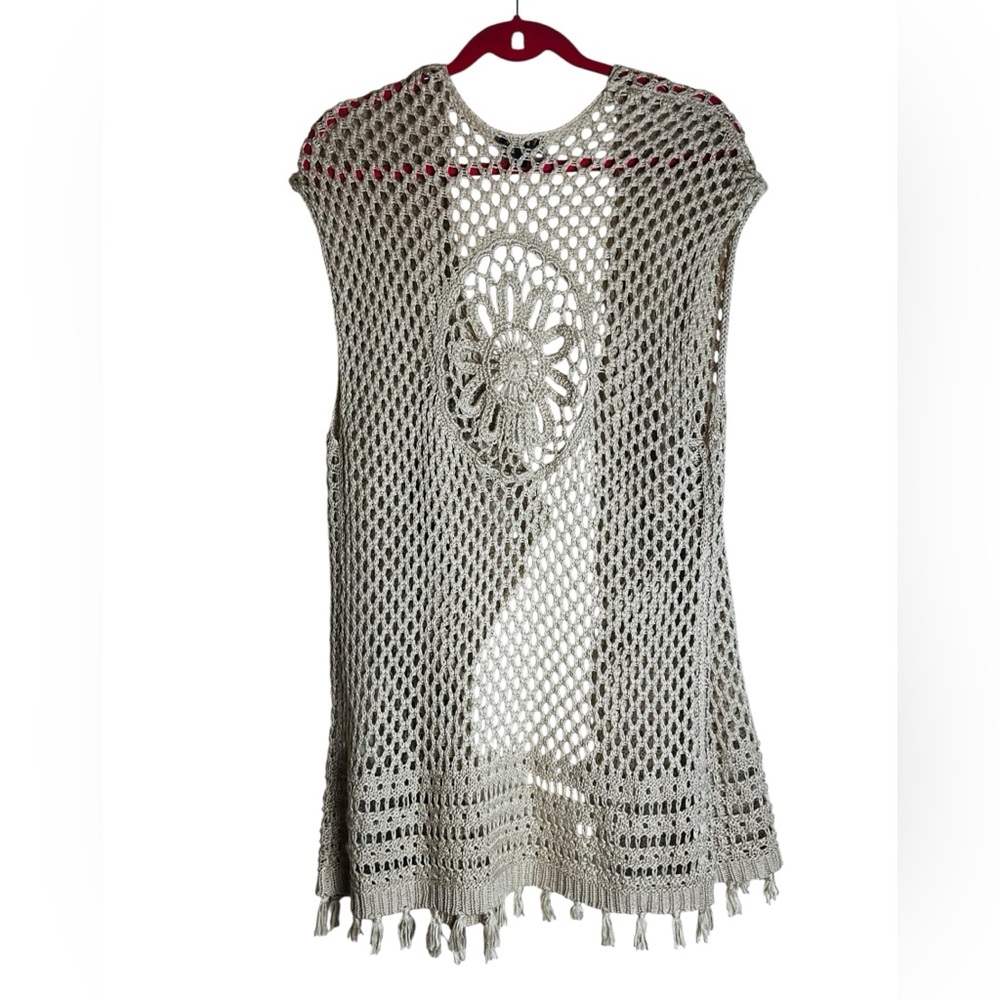 Artesia Crochet Knit Open Cardigan Fringe Vest Bohemian Festival Size Small